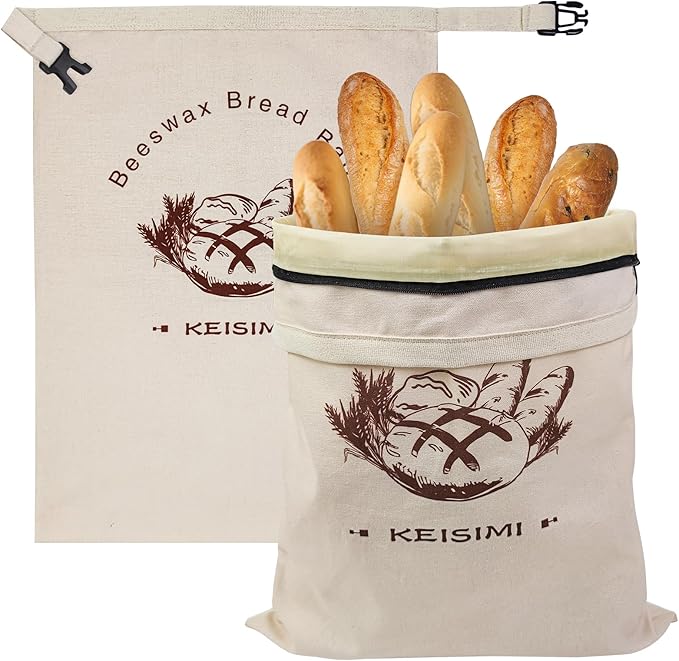 Reusable Bread Bags for Homemade Bread, 2 Pack Beeswax Bread Bags for Sourdough, Cotton Linen Food Storage Bag to Keep Fresh - Extra Large with Zipper（Only One Bag Had Zipper) -17 x 13inch