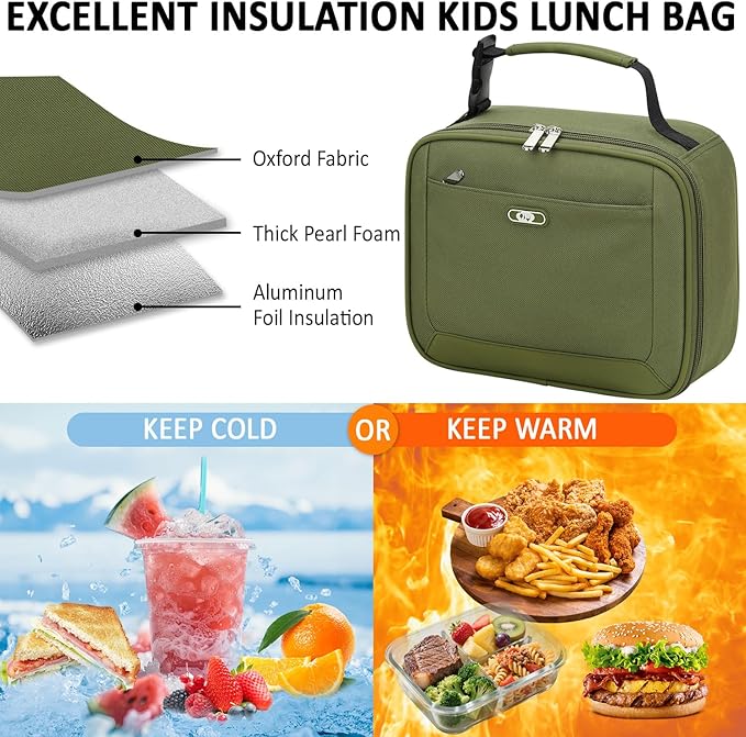 Lunch Box Kids Insulated Lunch Bag for Boys Girls Cute Reusable Lunch Tote Bag Waterproof Portable Thermal Lunch Box Kids for School Picnic Travel Green
