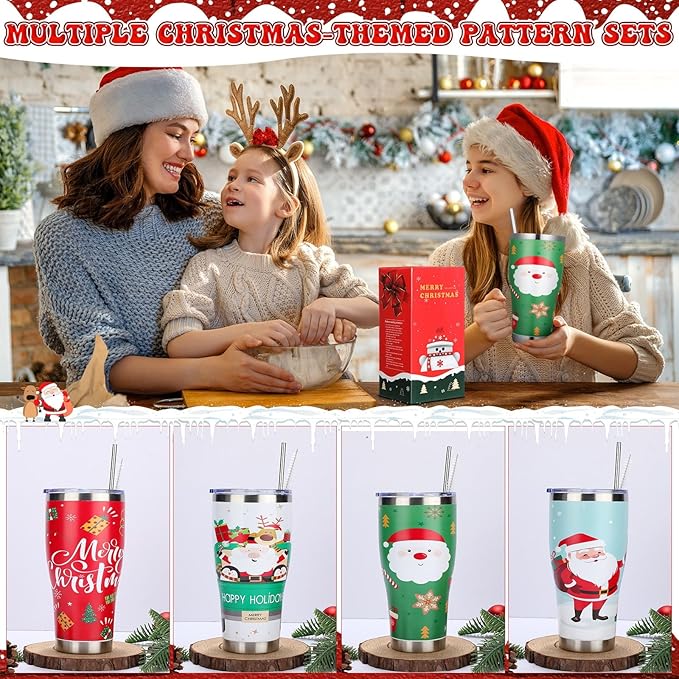 Mifoci 4 Pcs 30 oz Christmas Tumbler with Lid and Straw Stainless Steel Christmas Mug Double Insulated Cup Insulated Coffee Tumbler with Straw Brush for Holiday Coworkers Women Gifts(Style 2)