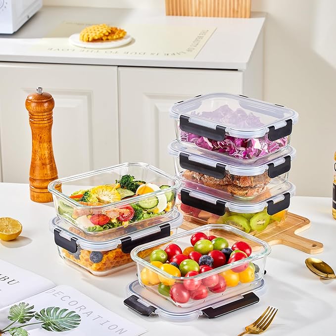 Liuruiyu 8 Pack 36OZ Glass Food Storage Containers with Lids, Meal Prep Containers, Airtight Bento Boxes with Leak Proof Locking for Microwave, Oven, Freezer and Dishwasher, BPA Free