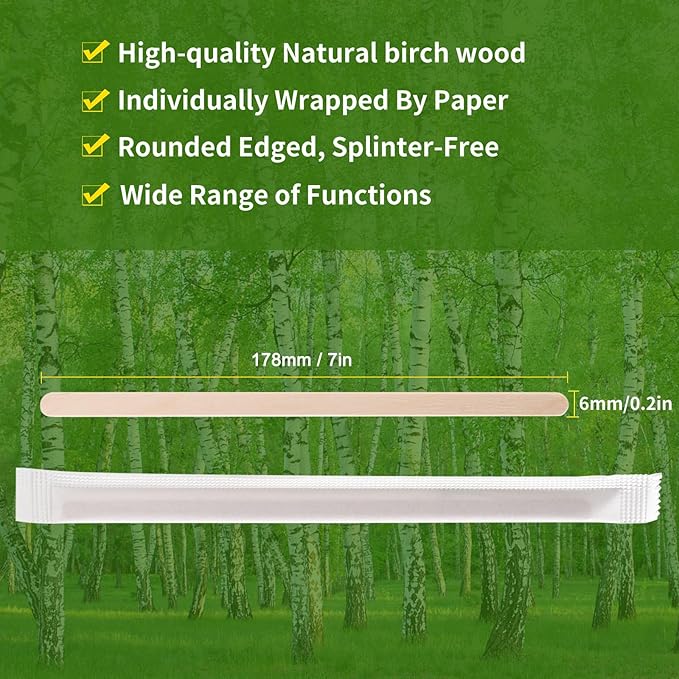 MFJUNS 500pcs Individually Wrapped Coffee Stirrers Wood - 7" Coffee Stir Sticks, Round End Disposable coffee stirrer, For Coffee, Cocktail and Hot Drinks