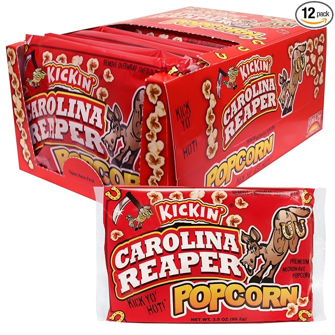ASS KICKIN’ Carolina Reaper Pepper Microwave Popcorn – 12 Pack - Ultimate Spicy Gourmet Gift Popcorn - Makes a Great Movie Theater Popcorn or Snack Food - Try if you dare!