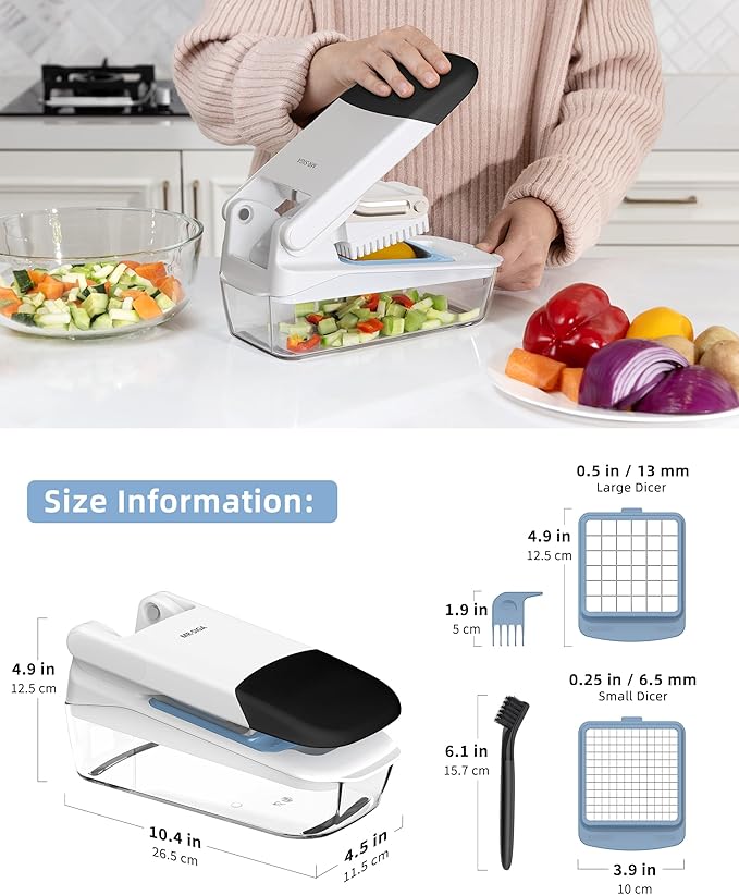 MR.SIGA Vegetable Chopper with Container, 2 in 1 Manual Hand Food Chopper with 2 Stainless Steel Chopping Blades for Potato Strips, Onion Cubers, Carrot Sticks, White & Black
