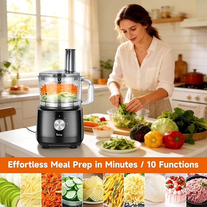 Davivy 7-Cup Food Processor with Built-in Storage Drawer | 600W Motor, 10-Blade Set for French Fries, Wavy Slicing, Dough Kneading | 3-Speed Compact Chopper for Home Kitchen Meal Prep, Black
