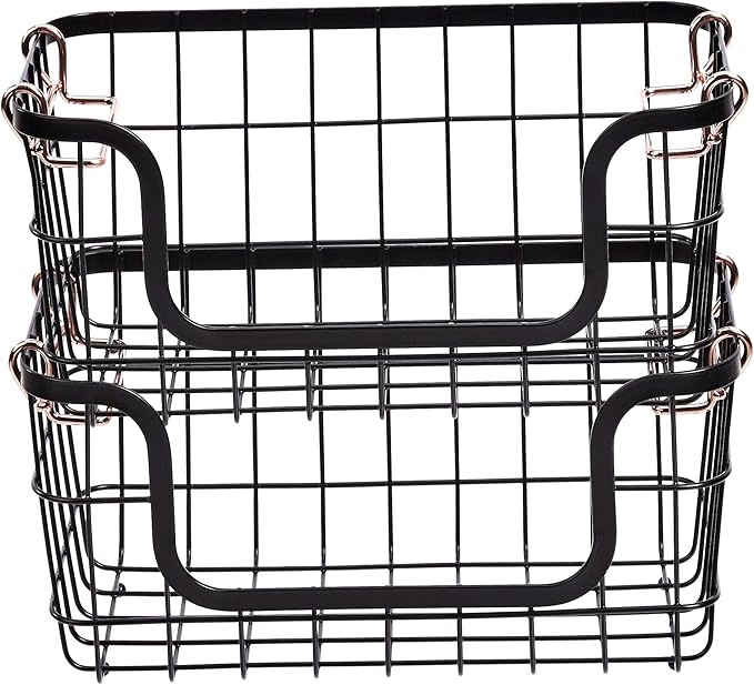 Amazon Basics Stackable Metal Wire Rectangular Storage Baskets for Kitchen, Bathroom or Pantry Organizing, 2 Count, Black