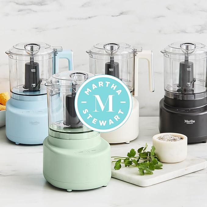Martha Stewart 3 Cup Electric Food Chopper, Vegetable & Herb Mini Food Processor, 24oz BPA-Free Bowl, Stainless Steel Blades, Pour Spout, Dicing, Mincing, Chop & Puree, Dishwasher Safe, Sky