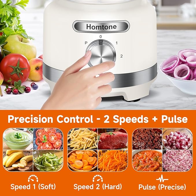 Homtone 16-Cup Food Processor, Heavy-Duty 9-Function Appliance with 7 Blades & 3 Speeds for Dough Kneading, Meat Chopping, Slicing, Shredding & Making French Fries, 600W (White)
