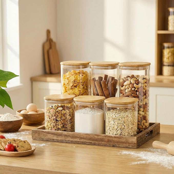 42oz & 27oz - 4 Pack Square Glass Jars with Bamboo Lids, Glass Food Storage Containers with Airtight Lids for Kitchen, Air Tight Pantry Storage Containers for Cereal, Pasta, Rice, Sugar, Coffee, Spice