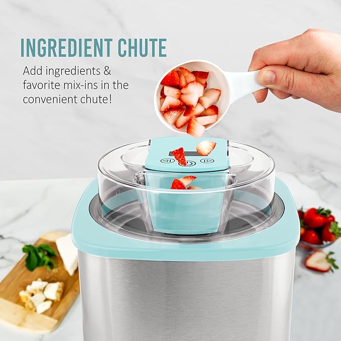 Nostalgia 2-Quart Electric Ice Cream Maker – Make Homemade Ice Cream, Gelato, Sorbet & Frozen Yogurt – No Salt/Ice Needed, Digital Controls, Mix-In Chute & Freezing Gel Canister – Stainless & Aqua