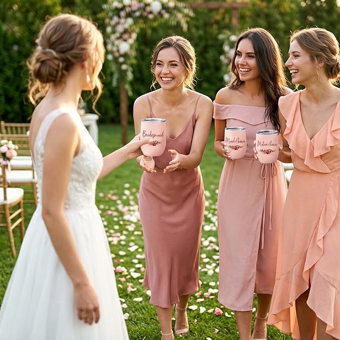 CARAKNOTS Maid of Honor Gifts Wedding Tumbler Bridesmaid Proposal Gifts Maid of Honor Wine Tumbler for Engagement Bachelorette Party Pink Stainless Steel Tumblers with Lid and Straw 12 oz