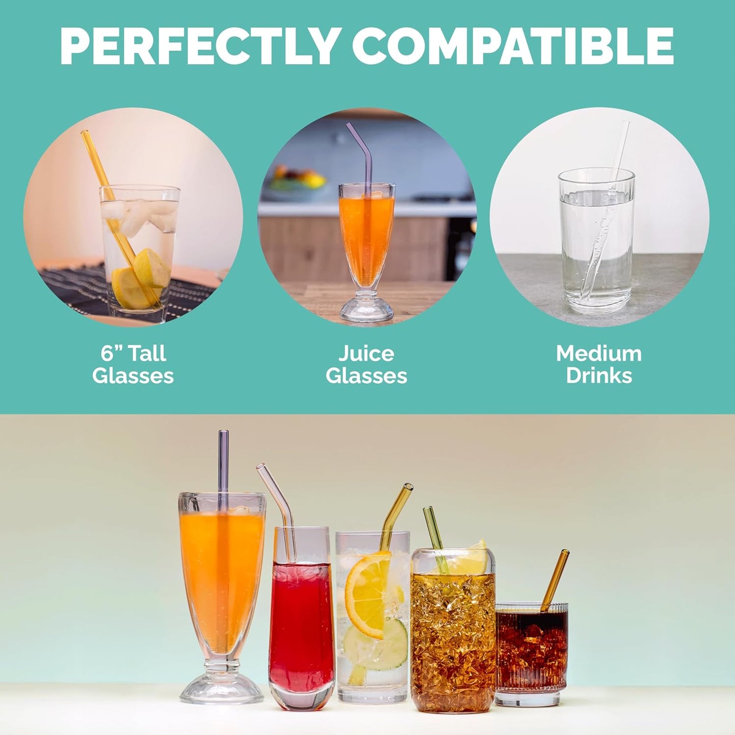 Simply Straws 8 Inch Glass Straws Straight (6-Pack) – Reusable Glass Straws for Pints & Juice Drinkware, with Cleaning Brush – Dishwasher Safe, Hot & Cold Use, BPA-Free (Iridium)