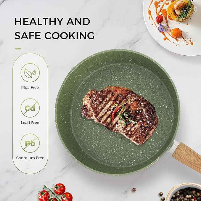 MAISON ARTS 17 Piece Pots and Pans Set Non Stick, Kitchen Cookware Sets with Nonstick Granite Stone Coating, Suitable for Induction Cooktops, Green
