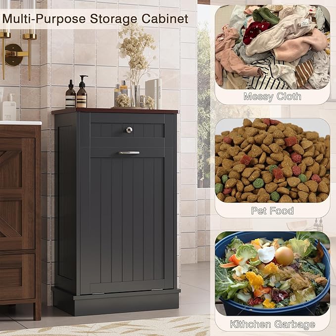 KIGOTY Tilt Out Trash Cabinet,Wooden Kitchen Trash Bin Holder Garbage Bin Recycling Cabinet Laundry Hamper with Solid Wood Countertop and Hideaway Drawer (Black)
