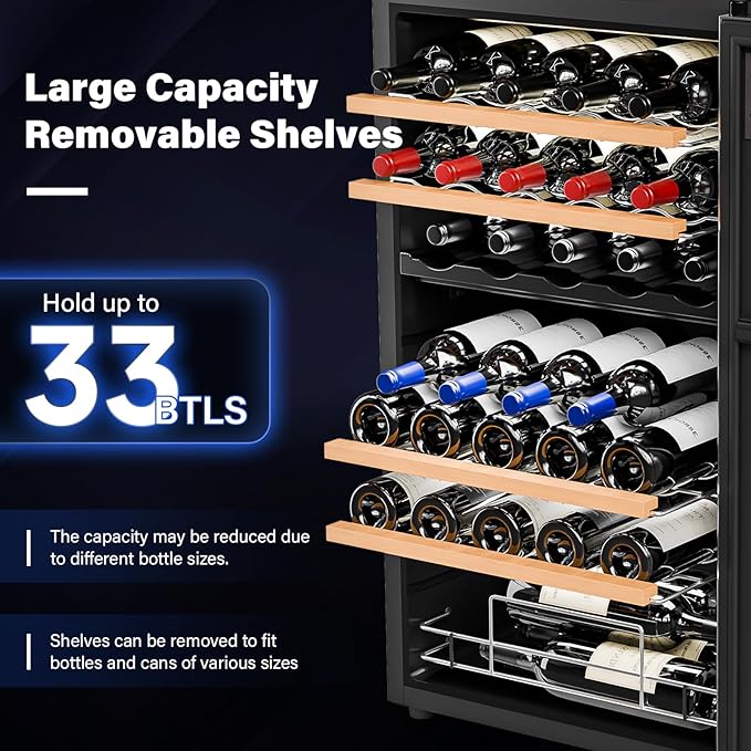 ROVSUN 33 Bottle Wine Fridge, Dual Zone Wine and Beverage Refrigerator with Independent Temp & LED Control Panel, Freestanding Wine Cooler Chiller for Red White Wine, Champagne, Beer