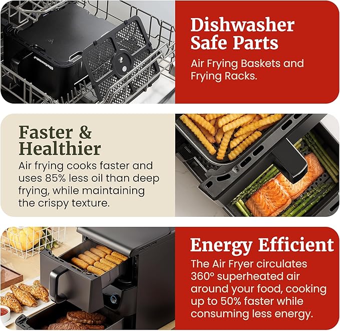Elite Gourmet Dual Stacked Air Fryer, 10.5 Qt Total Capacity, PFAS-Free Nonstick Baskets, Sync Cook & Sync Finish, 10 Presets, 1700W, Black