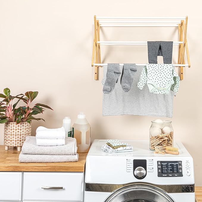 Household Essentials Bamboo and Metal Wall Mount Extendable Drying Rack, Compact Upscale Laundry Rack with 8 Dowels, White