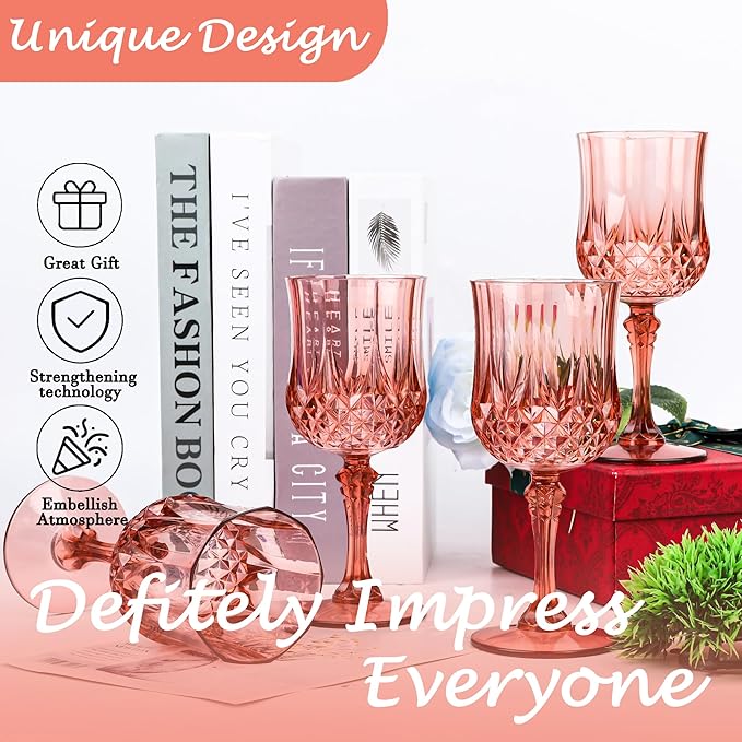 Plastic Wine Glasses, Plastic Goblets Vintage Style Cordial Unbreakable Drinking Glasses, Reusable Drinkware for Wedding Reception, Grand Event Party Supplies (24, Rose Gold)
