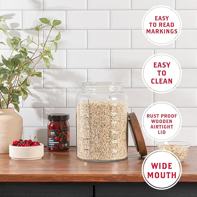 kitchentoolz Extra Large Mason Jar - 1 Gallon Glass Wide Mouth Jar with Airtight Wooden Lid, Food Storage Container with Measurement Markings For Kitchen Pantry, Pickling, Cookies, Flour & Sugar