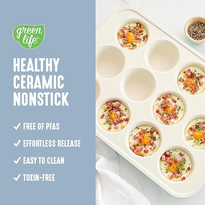 GreenLife 12-Cup Muffin Pan, PFAS-Free Healthy Nonstick Baking Tray, 11.4" x 1.9" x 15.9", Durable Ceramic Bakeware, Cupcakes, Egg Bites, Tarts, Brownies, Blue Haze