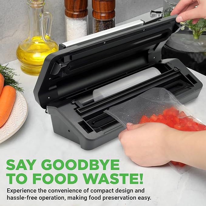 NutriChef Vacuum Sealer for Food with Easy Lock Handle, Countertop Vacuum Sealer Machine for Dry, Moist, Liquid Items, Works with Reusable Vacuum Seal Bags and Rolls, Preserves Freshness