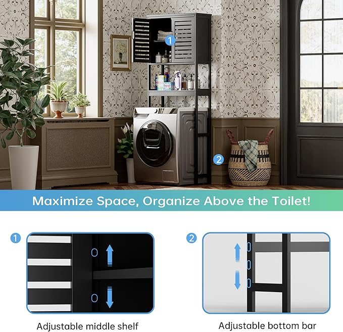 SMIBUY Bathroom Over The Toilet Storage Cabinet, 2 Door Bamboo Cabinet Organizer, Freestanding Space Saver Toilet Rack with Adjustable Inside Shelf and Open Shelf (Black)