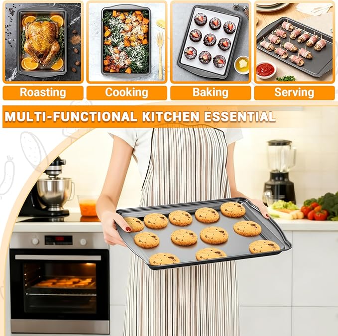 Baking Pan Set of 3 - Carbon Steel Baking Sheets Set, 13/15/17 Inch, Nonstick Cookie Sheets for Baking, Rust & Warp Resistant & Stackable, Nontoxic & Heavy Duty & Easy Clean
