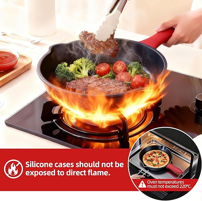 6/8/10 Inch Seasoned Skillet 3-Piece Set, for Frying, Saute, &More, for Oven, Stove, Grill, or Campfire, Black, with Silicone Handle Grip Covers