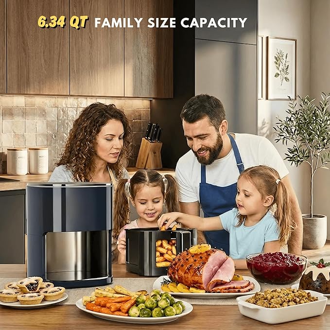 Airfryer 12-in-1,Large Air Fryer 6QT, Square Airfryers Non Toxic, Cooking, Fries, Custard, Chicken Wings, Sea Food, Vegetabels, Nonstick & Easy-Clean Basket