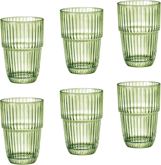 Bormioli Rocco Barshine 12.88 oz. Long Drink Stackable Tempered Drinking Glasses, Set of 6, Mint Green