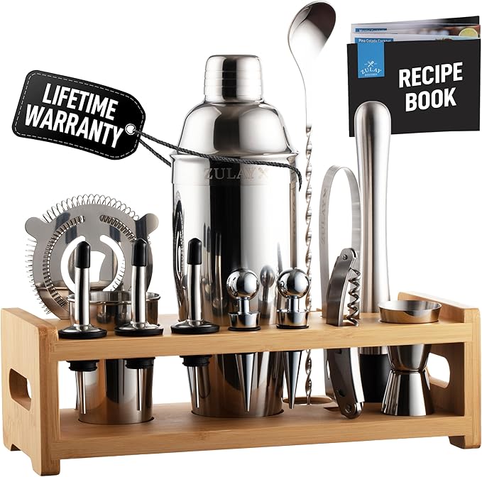 Zulay Kitchen 24 Piece Bartender Kit-Stainless Steel Bar Accessories with Display-Modern Mixology Shaker Set for At-Home Cocktails-Use for Mixer, Martini, Margarita and Liquer-Bar Tools (Silver)