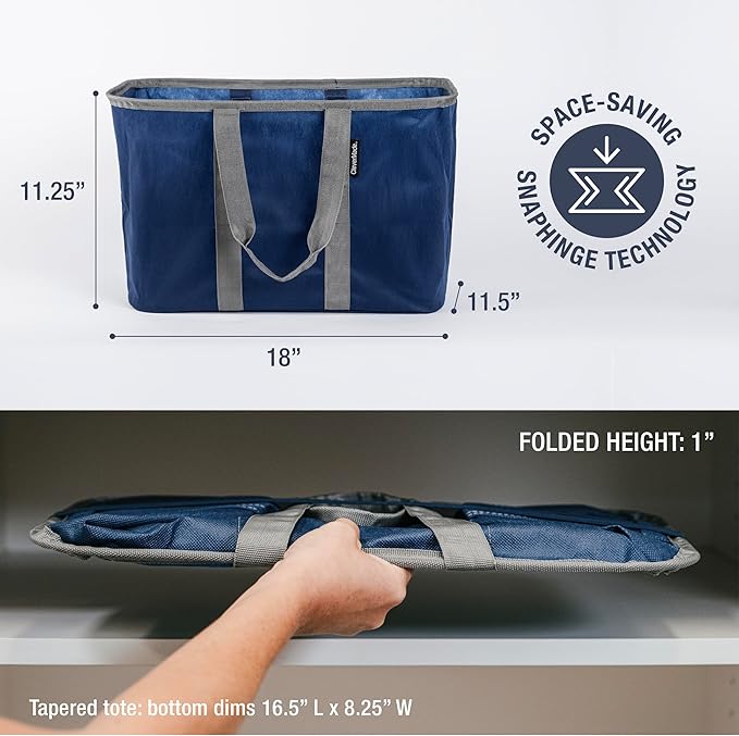 CleverMade EcoBasket Reusable Grocery Tote - 30L - Pack of 3 - Blue Grey - Collapsible Storage Shopping Organizer - Heavy Duty Utility Bag Home