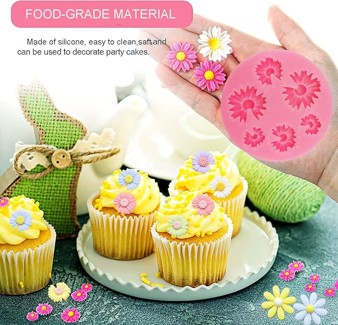 4Pcs Large Daisy Flower Silicone Molds Chrysanthemum Silicone Molds Small Flower Shapes Fondant Cake Chocolate Molds Polymer Clay Resin Mold for Cake Decoration Candy Ice Cube Wax Making DIY Craft
