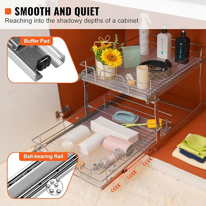 VEVOR 2 Tier 20"Wx21.2"Dx15.2"HPull Out Cabinet Organizer, Heavy Duty Slide Out Pantry Shelves, Steel Roll Out Drawers, Sliding Drawer Storage for Home, 21.5"Wx22.5"Dx19"H Install Size for Cabinet
