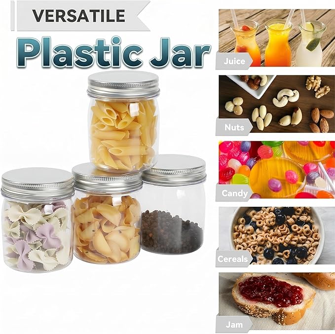 novelinks 8 oz Clear Plastic Jars with Airtight Lids, 24 Pack Plastic Mason Jars with Lids 8oz, Refillable Storage Slime Containers & Small Spice Jar for Kitchen Organization (24 Pack,Silver)