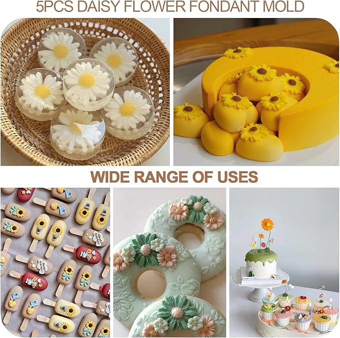 5Pcs Daisy Flower Molds Silicone Small Flower Chocolate Molds Sunflower Fondant Cake Candy Candle Resin Soap Ice Cube Mold for Baking