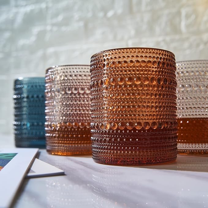 Khen Beaded Hobnail Tumbler Drinking Glasses Set | Set of 6 | Vintage Colored Hobnails 11 OZ Muted Bubble Design Whiskey, Old-Fashioned, Embossed Design Glass Water, Wine, Cocktail HAND WASH ONLY