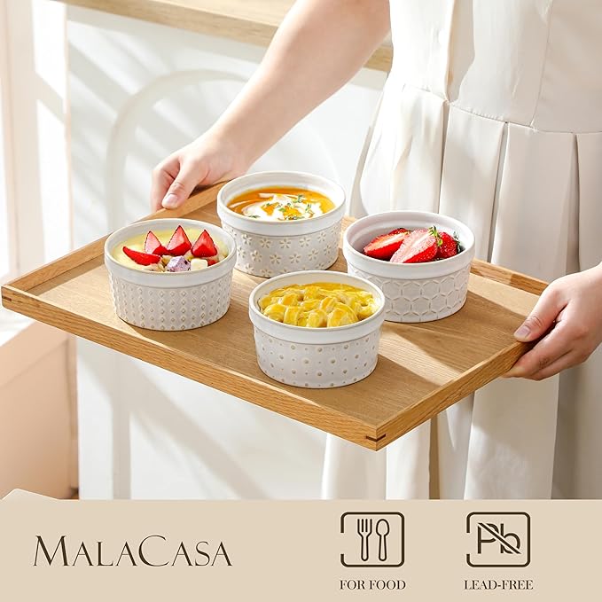 MALACASA Ramekins 8 Oz Oven Safe, Ceramic Creme Brulee Souffle Dishes, Pudding Custard Cups Ramekin For Baking, Small Dipping Sauce Bowls, Set of 4, Microwave and Dishwasher Safe, Arctic White