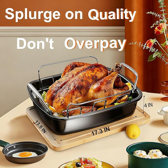 Large Nonstick Roasting Pan Kit with Rack (17x13 Inch) - Includes Baster, Pastry Brush & Twine for Turkey, Chicken, Ham - Even Heating, Easy Clean, Dark Grey