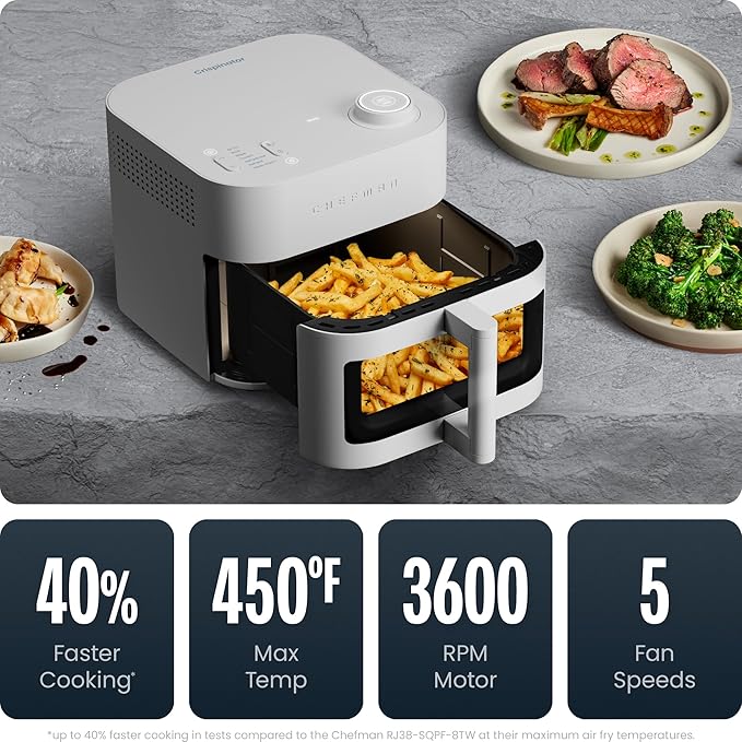 Chefman Crispinator Air Fryer 7-in-1 with 8 Qt Capacity, 450°F Max Temp & TurboFry Pro Technology for Fast, Even Results, Bake, Broil, Dehydrate, Viewing Window, Nonstick Ceramic-Coated Basket