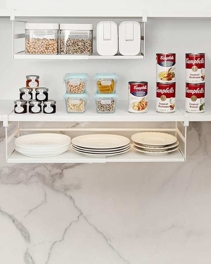 2Pack Under Shelf Storage Basket Organizer Expandable Width Add-On Space Saver Hanging Under Cabinet Pantry Kitchen Countertop Desktop Board Slide-In White Heavy-Duty Metal Higher & Wider Size