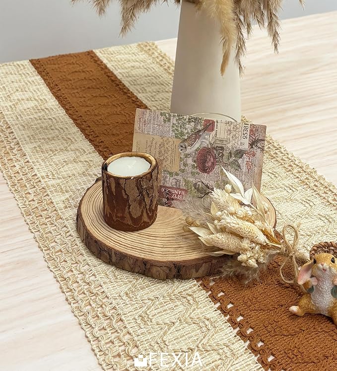 FEXIA Boho Table Runner for Home Decor with Tassels 60 Inches Long,Caramel Farmhouse Rustic Table Runner Macrame Burlap Table Decoration for Living Room Bridal Shower(12x60 Inches)