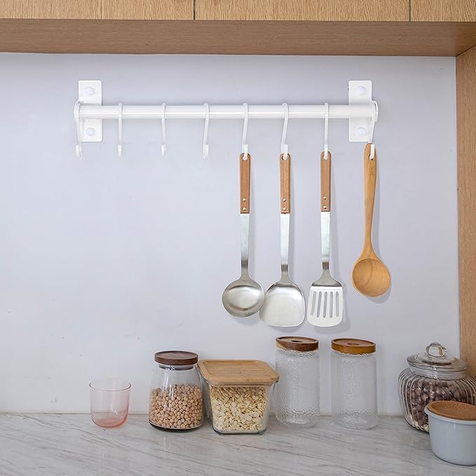 Dseap Kitchen Utensil Holder Hanger, Pot and Pan Rack Wall Mounted, Kitchen Rail with 8 Hooks for Hanging Cooking Utensils, Mugs, Spoons, Wall Mounted, White, Pack of 2