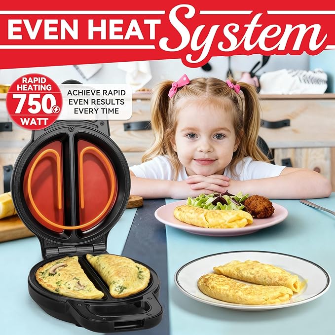 SugarWhisk Flip Omelette Maker Electric, Omelette Pan Nonstick for 2 Individual 6.5" Omelets, Cooking Gadgets for Home, Omelet Maker with Ceramic Coating, Graphite