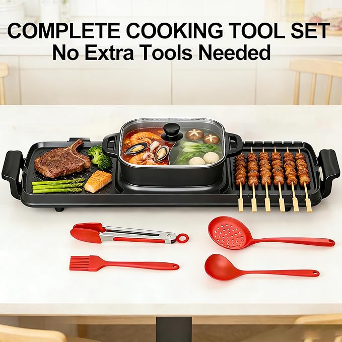 Electric Hot Pot and Grill Combo, Korean BBQ Indoor Smokeless Grill with Nonstick Surface,Large Tabletop Cooker for Family & Party, Includes Cooking Tool Set (Ladle, Strainer, Tongs, Oil Brush)