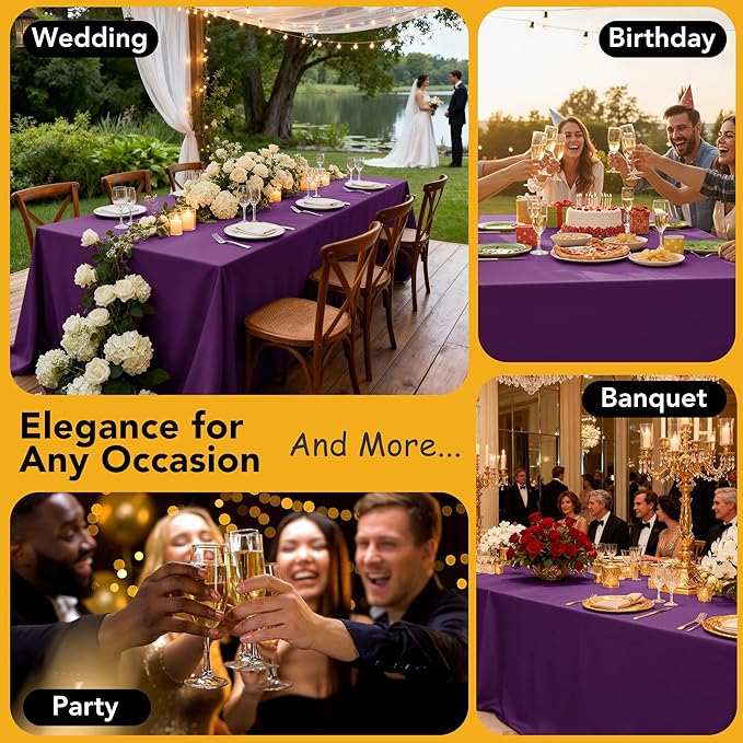 10-Pack Purple Tablecloths for Rectangle Tables, 60 x 120 Inches, Stain-Resistant Polyester Fabric for 6 Foot Tables - Washable Table Covers for Weddings, Banquets, Birthday Parties, Events