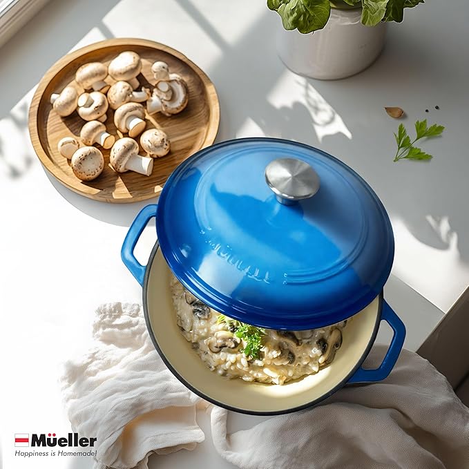 MUELLER HOME 7.5 QT Enameled Cast Iron Dutch Oven, Heavy-Duty Casserole Dish and Braiser Pan with Lid and Stainless Knob, Oven-Safe up to 500° F & Across All Cooktops, Aqua Blue