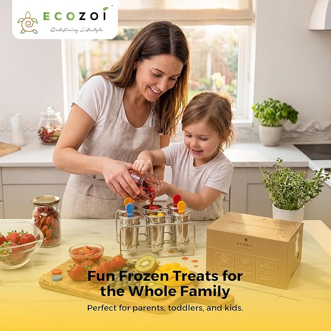 Ecozoi Stainless Steel Popsicle Molds, 6 Ice Popsicle Makers, 6 Stainless Steel Sticks, 12 Silicone Seals and 1 Coconut Cleaning Brush, Eco Popsicle Molds for Kids and Adults, 4 oz Per Mold (Round)