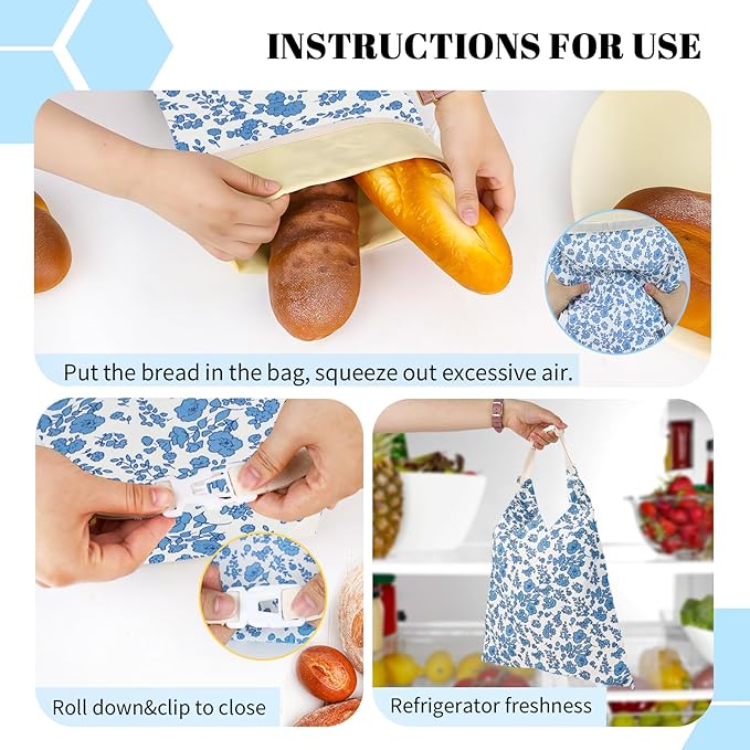 2 Pack Beeswax Bread Bags - 17x13 Inch Reusable Bread Storage Bags,Bees Wax Lined Bread Bags for Home Cooks fresh bread storage Easy Clean (Blue Floral)