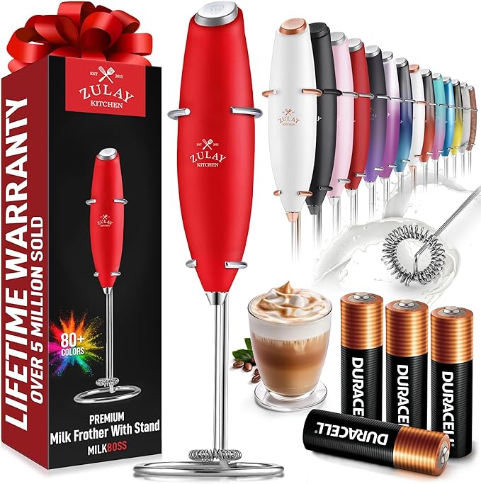 Zulay Kitchen Powerful Milk Frother Wand With 4 AA Duracell Batteries - Ultra Fast Handheld Drink Mixer - Electric Whisk Foam Maker for Coffee, Lattes, Cappuccino, Matcha & Creamer - Cardinal Red