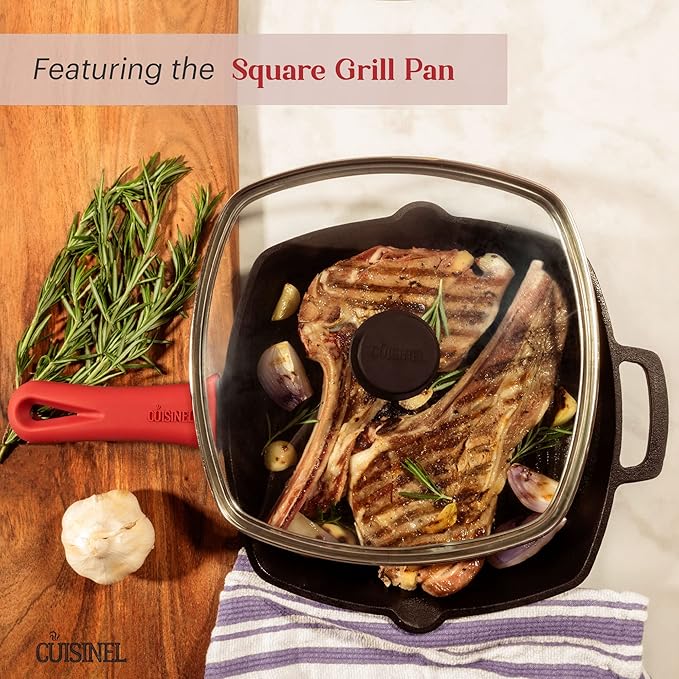 Cuisinel Cast Iron Cookware 18-Piece Set - Pre-Seasoned 6" + 8" + 10" + 12" Skillet + Grill Pan+Lid + Griddle + Pizza Pan + Dutch Oven+Pan Cover + Panrack + Silicone Handle Grips + Pan Scraper/Cleaner